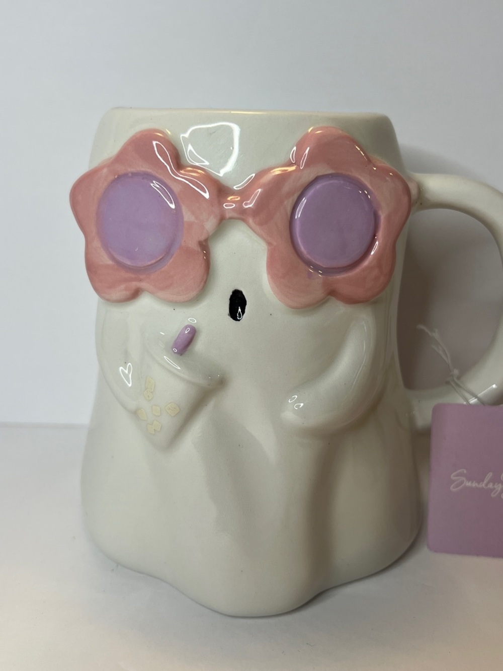 Sunday Morning Ceramics Halloween Ghost Sunglasses Pink Lavender Flower Mug New